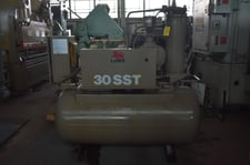 100 psi, Leroi #W30SST 100, horizontal rotary screw air compressor w/storage tank, 30 HP, 230-460 V.