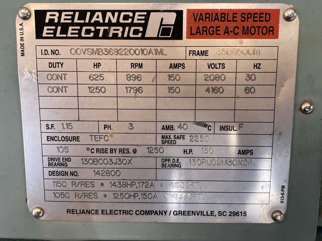 1250 HP 1800 RPM Baldor /Rel., Frame G500, TEFC-XT, BB, 1.15, new, 4160 Volts