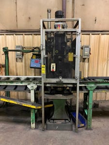 28" Ibarmia #B-50, drill press, Kentucky gauge automated infeed & outfeed conveyor, 4 HP