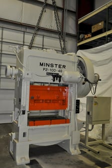 100 Ton, Minster #P2-100 48, straight side double crank press, 1-1/2" stroke, 11" Shut Height, 2" adj.