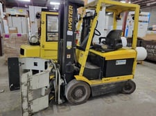 3750 lb. Hyster #E50XM2-33, Electric Hyster Forklift, w/Cascade Roll Clamp & Battery Charger, 189" Load