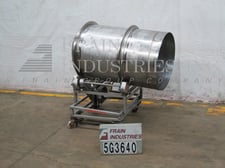 Stainless Steel portable flo-thru tumbler, 32" diameter x 52" long, 28" diameter feed opening, mounted on