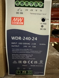 10 Amp. 24 VDC, 200-500 VAC, Meanwell WDR 240 24, AC to DC Industrial Power Supply Rectifier, bulk lot, 25