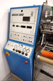 Rotoflex #Racer-1300, Slitter Rewinder, 13" web width, pneumatic unwind/rewind shafts, (2) foot treadles