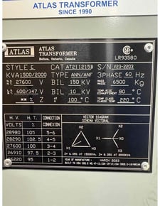 1500/2000 KVA Dry type transformer, D-Y, 27.6kV/600 V