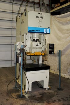 88 Ton, Komatsu #0BS-80-3, single crank gap frame press, 5.12" stroke, 13.78" Shut Height, 3.15" adj., 37-75