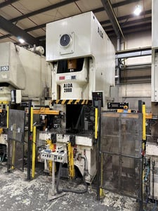 220 Ton, Aida #NC1-2000(2), single crank gap frame press, 9.84" stroke, 19.69"Shut Height, 4.33"ram adj.
