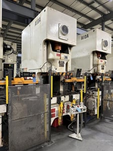 220 Ton, Aida #CO420-0995, single crank gap frame press, 9.84" stroke, 17.72"Shut Height, 4.33"ram adj.
