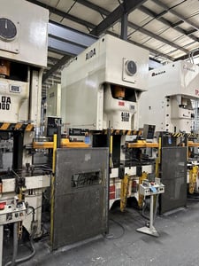 220 Ton, Aida #NC1-2000(2), single crank gap frame press, 9.84" stroke, 17.72"Shut Height, 4.33"ram adj.