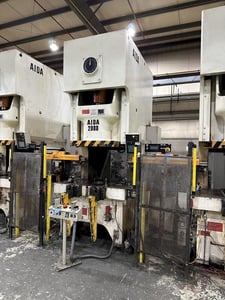 220 Ton, Aida #NC1-2000(2), single crank gap frame press, 9.84" stroke, 17.72"Shut Height, 4.33"ram adj.