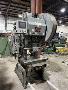45 Ton, Bliss #C-45, single crank OBI flywheel press, 4" stroke, 12.25" Shut Height, 3" ram adj., 90 SPM, 29"