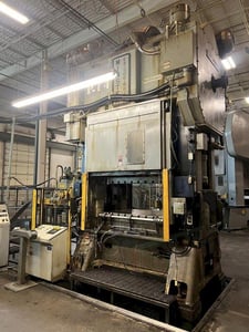 300 Ton, Minster #E2-300-60-36, straight side double crank press, 6" stroke, 32" Shut Height, 6" ram adj.