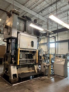 300 Ton, Minster #E2-300-60-36, straight side double crank press, 6" stroke, 32" Shut Height, 6" ram adj.