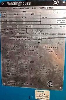 2000 KVA 13800 Primary, 600 Secondary, Westinghouse