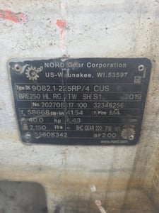 40 HP HP RPM 43 RPM Nord Gear Corporation, Gearmotor, Type SK9082.1-225RP/4 CUS, 41.54:1 Ratio, 58668 lb-in