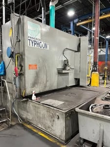 Proceco Typhoon #HD-100X48-G-6006-CT-2-R-SC, rotary table parts washer, 100" table, Siemens SIMATIC OP3 PLC