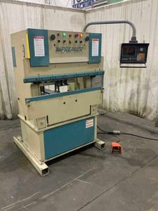 25 Ton, Premier #425, press brake, 14' overall, 30" between housing, 4" stroke, electric foot pedal, 3 HP