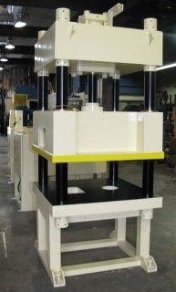 42 Ton, downacting press, 22 daylight, 3.5" rod, 6" bore, 14 stroke, 27.5" x 39.5" bed, 10 HP, Mitubishi PLC