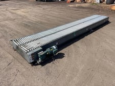 34" wide x 212" long Power Roller V-Belt Conveyor, 1 HP Baldor motor, 1760 RPM, Tigear 2 gearbox, 15:1 ratio
