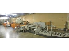 Burkle #ODW-1426/300, Melamine Press Line, 4' x 8' format, 90 boards/hour, 510,000 BTU/h boiler, Siemens