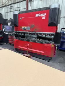 80 Ton, Amada #HDS-8025NT, CNC hybrid, 8' overall, 87" between housing, 7.87" stroke, 16.34" throat, 19.7"