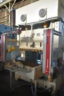 121 Ton, Aida #NC2-110(1), double crank gap frame press, 4.33" stroke, 59100 SPM, 15 HP, 74" x 20.4" Bed, air