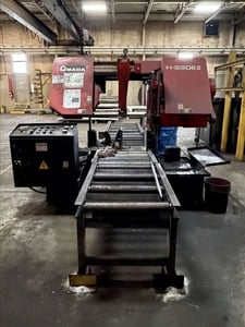 18.9" x 21.7" Amada #H-550E-II, horizontal band saw, 16' x 1.5" x .050" blade, 705 HP, 246 FPM, 27.5" table