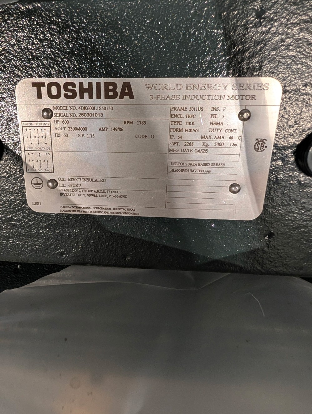 600 HP 1800 RPM Toshiba, Frame 5009/10/11US, TEFC BB, 2300/4000 Volts, NEW -2 in stock/ factory warranty