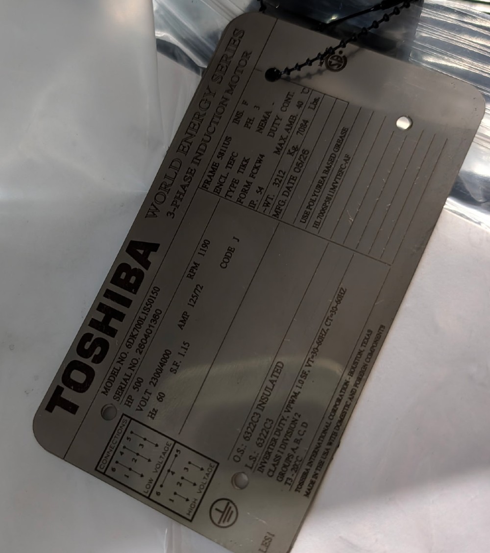 500 HP 1200 RPM Toshiba, Frame 5809/10/11US, TEFC BB, 2300/4000 Volts, NEW -2 in stock/ factory warranty