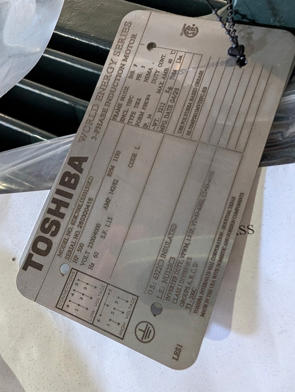 500 HP 1200 RPM Toshiba, Frame 5809/10/11UZ, TEFC RB, 2300/4000 Volts, NEW -2 in stock/ factory warranty