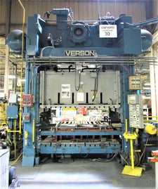 200 Ton, Verson #S4, 16" stroke, 39" Shut Height, 96" x84" bed, 15-30 SPM, press line, video, 1990, $99,500