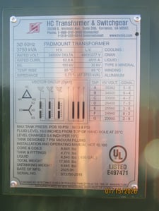 3750 KVA 34500 Delta Primary, 480Y/277 Secondary, IEN Hanchang, 7-Tap, T-Blade Switch, BON Fuses, UL Listed