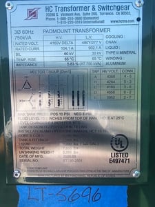 750 KVA 4160 Delta Primary, 480Y/277 Secondary, IEN Hanchang, 5-Tap, DOE 2016, UL Listed, New(In-Stock)