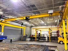 5 Ton, R & M, free standing bridge crane, approx 33.8' span, 48.8'runway, 14.8'under rail, electric hoist