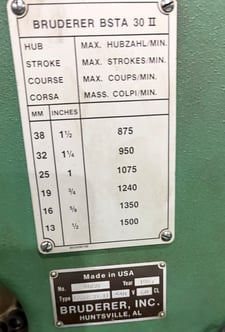 30 Ton, Bruderer #BSTA-30-II, High-Speed Precision Stamping Press, 1/2" stroke @ 1500 SPM, 440 Volts, 1987