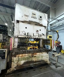 275 Ton, Komatsu #OBW250-2, Gap Frame Double Crank Press, 11.8" stroke, 21.7" Shut Height, 106" x37" bed