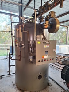 50 HP Fulton #ICS-50, Classic Vertical Tubeless Steam Boiler, 150 PSI, Natural Gas, 1674k BTUH, 150 sq.ft.