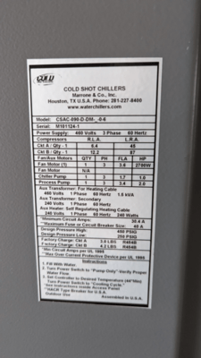 7.5 Ton, Cold Shot Chillers #CSAC-090-D-DM-_-0-6, portable air-cooled water chiller, 0&deg;F, 460 V., 3-phase