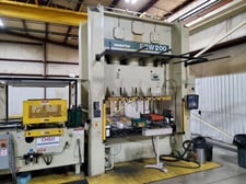 200 Ton, Komatsu #E2W-200, straight side double crank press, 19.8" Shut Height, 4.72" adj., 30-50 SPM, CHS