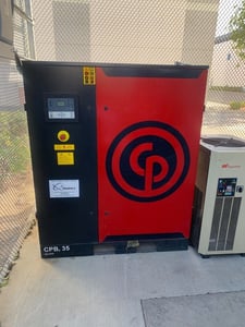 35 HP Chicago Pneumatic Compressor #CPBG-35, 360 cfm, 240 gallon Steel Fab A10053 vertical air receiver tank