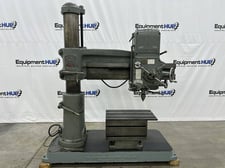 4' -9" Carlton #0A, radial arm drill, power elevation, manual head clamp lock/release lever, 5 HP