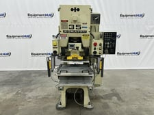35 Ton, Komatsu #OBS35-2, gap frame stamping press, 3.15" stroke, air clutch/brake combo., 5 HP, 1985