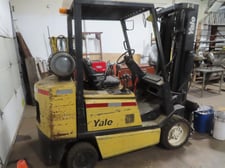 6000 lb. Yale #GLC060TGNUAE084, LP powered lift truck, 187" lift height, 4' forks, side shift, 3-stage mast