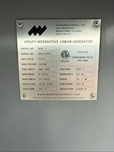 240 kW Mainspring #MSE3, 480 Volts Utility Interactive Linear Generator, three phase, 3 wire 300 amps
