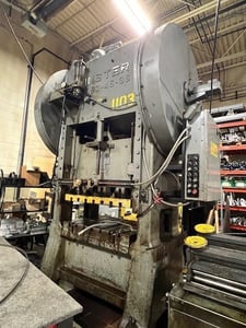 150 Ton, Minster #P2-150-48-36, straight side double crank, 4" stroke, 8" adj., 48" x36" bed, 16" window, air