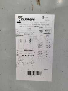Image for 275 KVA 460Y Primary, 266 Secondary, Hammond, dry type isolation transformer