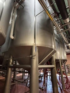 16,600 gallon Mueller, Stainless Steel Jacketed Vertical Tank, 121" diameter x 444" height, 15 psi @ 100°F