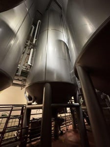 16,600 gallon Mueller, Stainless Steel Jacketed Vertical Tank, 121" diameter x 444" height, 15 psi @ 100°F