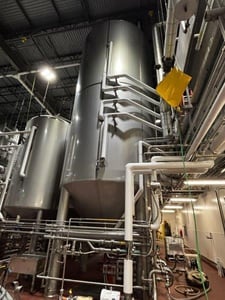 23,000 gallon Mueller, Stainless Steel Jacketed Vertical Tank, 150" diameter x 444" height, 25 psi @ 100°F