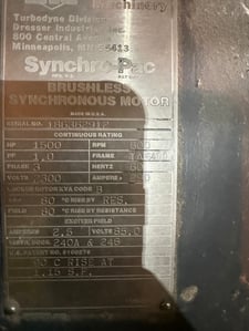 1500 HP 600 RPM Electric Machinery Electric Machin ery, Frame TA6400, 2300 V, 85 Excitation Volts, Brushless